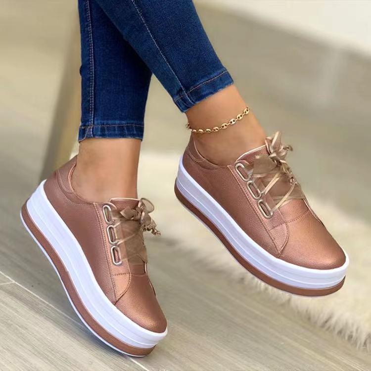 Single Large Size Casual European And American Lace-up Flat Round Toe Platform Women's Shoes