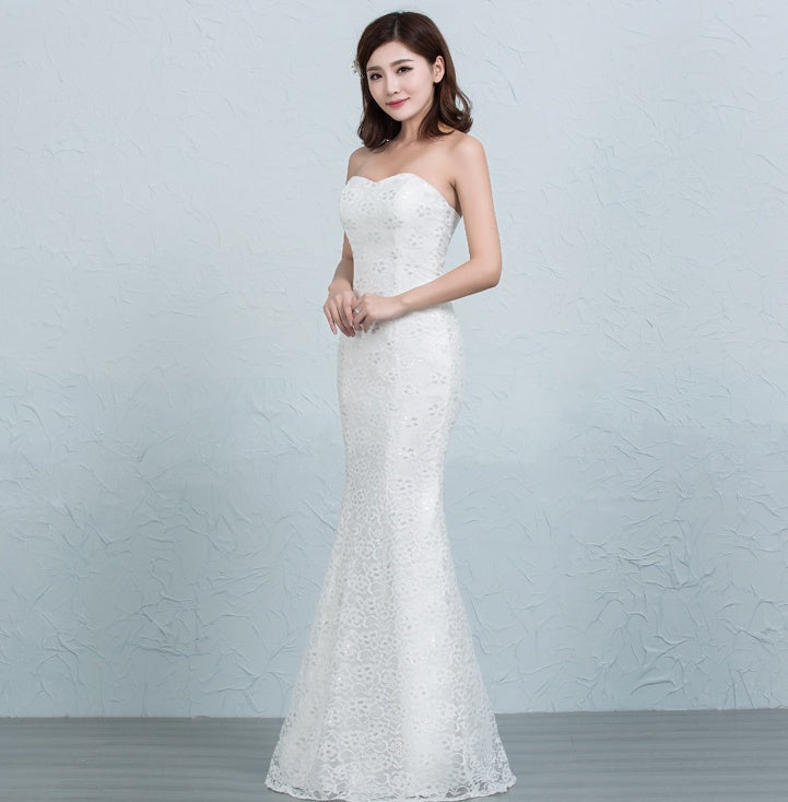 Sequined lace waist fishtail wedding dress