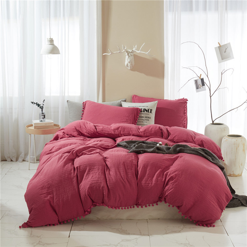 Three-Piece Pure Color Washed Ball Quilt Cover