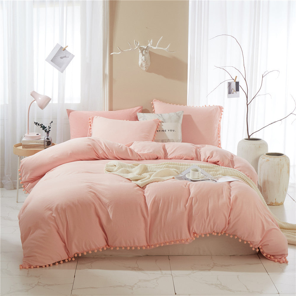 Three-Piece Pure Color Washed Ball Quilt Cover