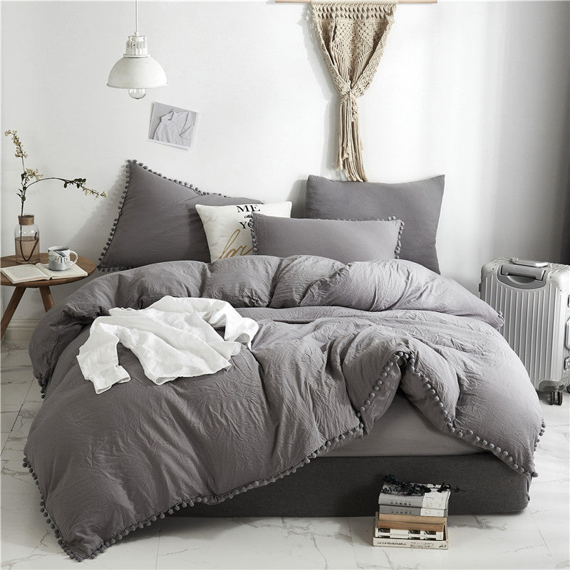 Three-Piece Pure Color Washed Ball Quilt Cover