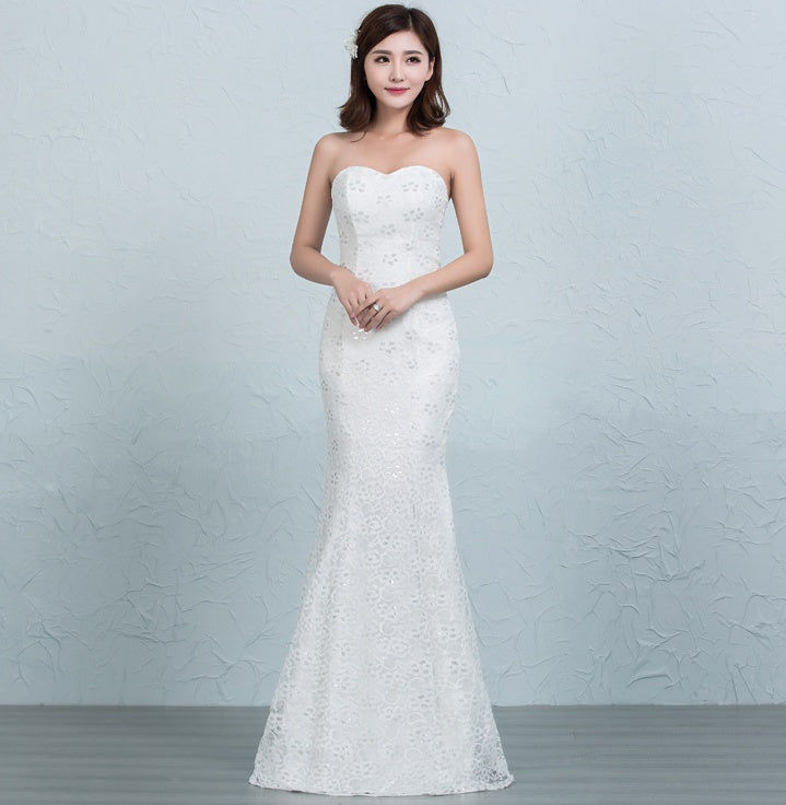 Sequined lace waist fishtail wedding dress