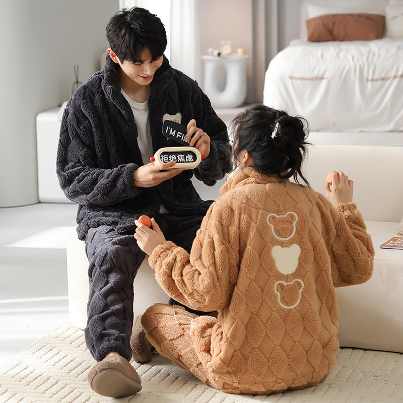 Panda Couple Pajamas Winter Flannel Thickened Men's Casual Stand Collar Warm Girl Slim Fit Homewear