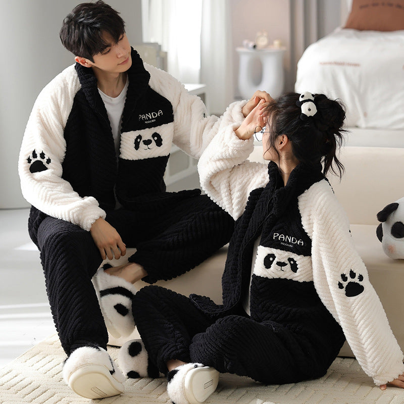 Panda Couple Pajamas Winter Flannel Thickened Men's Casual Stand Collar Warm Girl Slim Fit Homewear