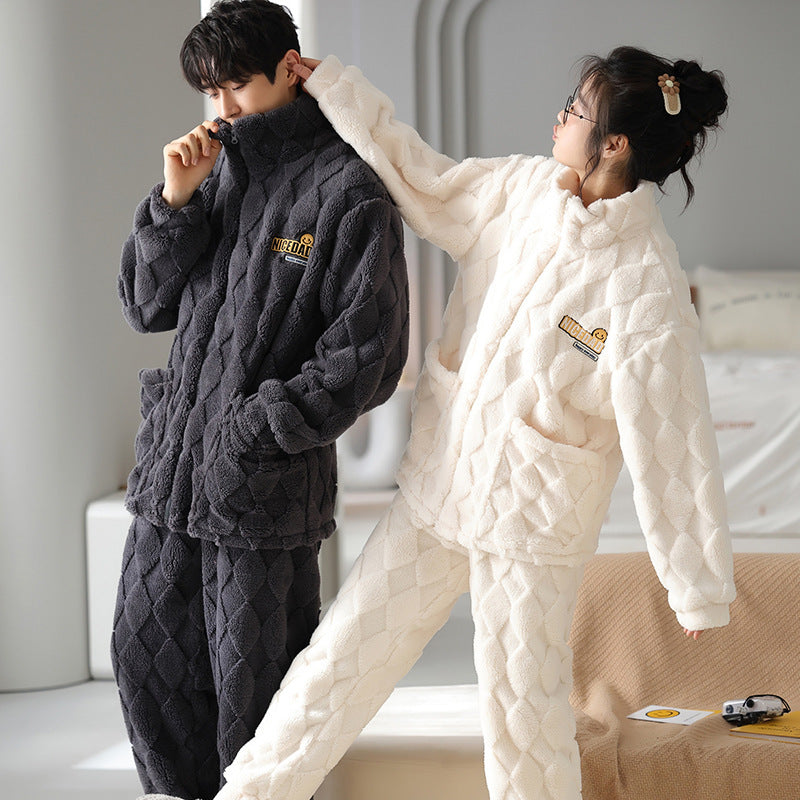 Panda Couple Pajamas Winter Flannel Thickened Men's Casual Stand Collar Warm Girl Slim Fit Homewear