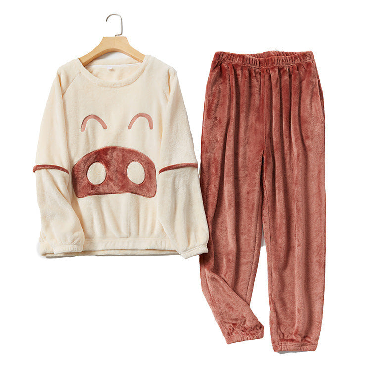 Flannel Couple Pajamas Cartoon Round Neck Pullover