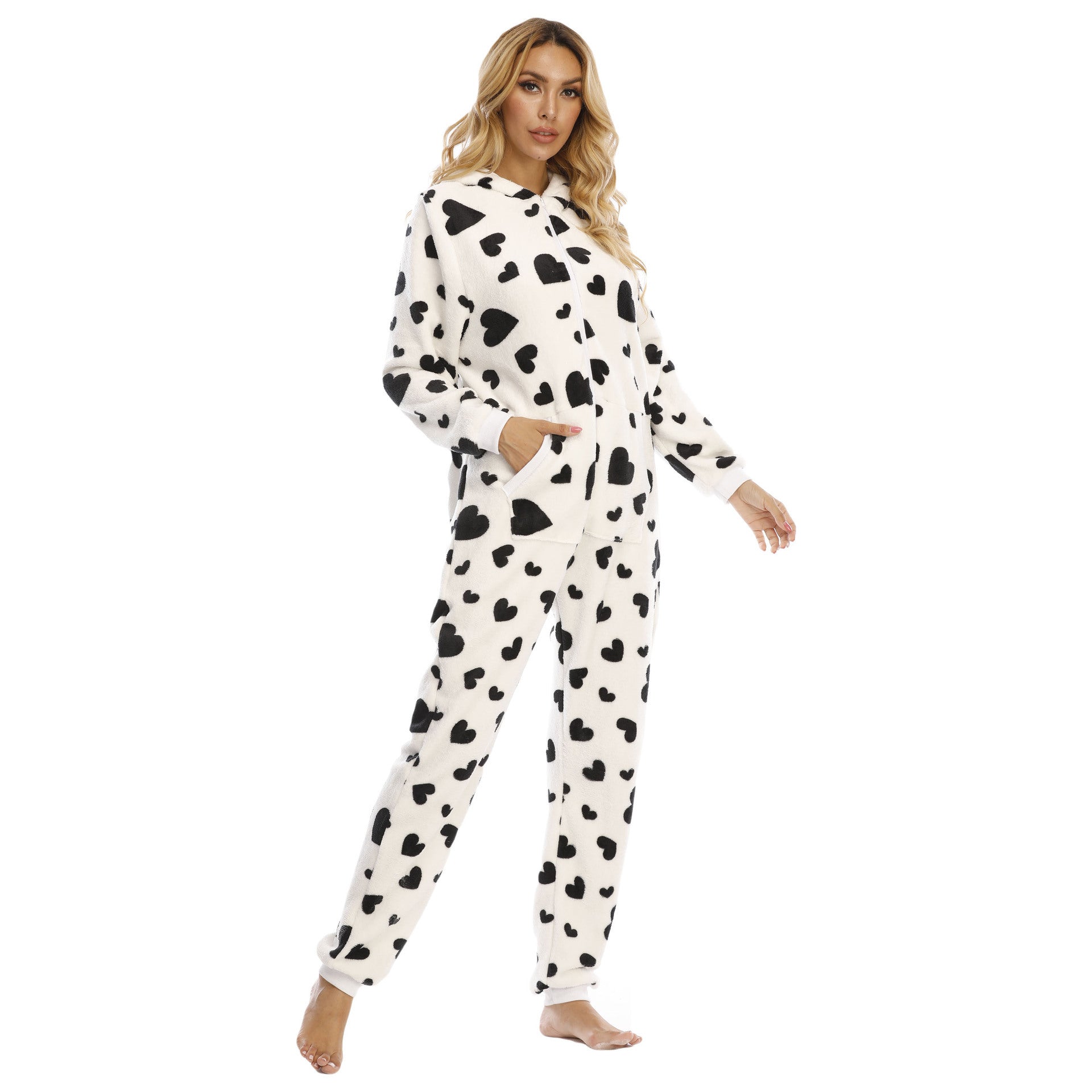 Ladies Heart-shaped Printed Flannel One-piece Homewear Pajamas