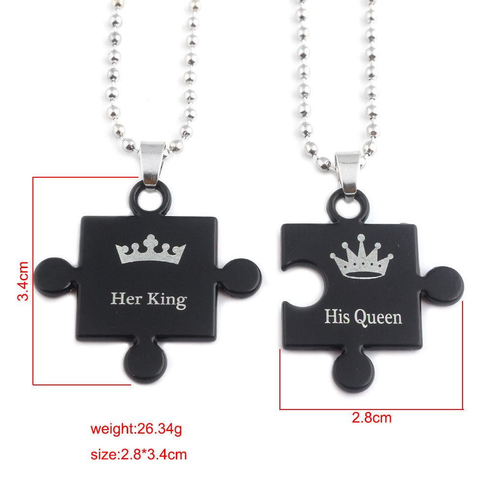 King Couple Necklace Black Rose Gold Heart Crown Heart Matching