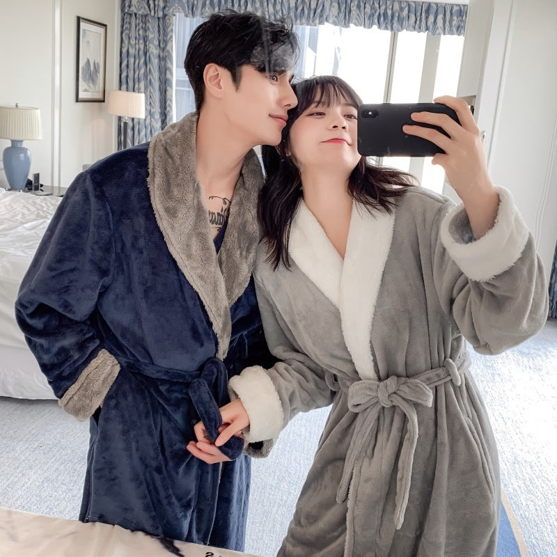 Autumn And Winter Large Size Lengthened Nightgown Women's Thickened Flannel Couple Pajamas Coral Fleece Wedding Morning Gowns Men's Homewear