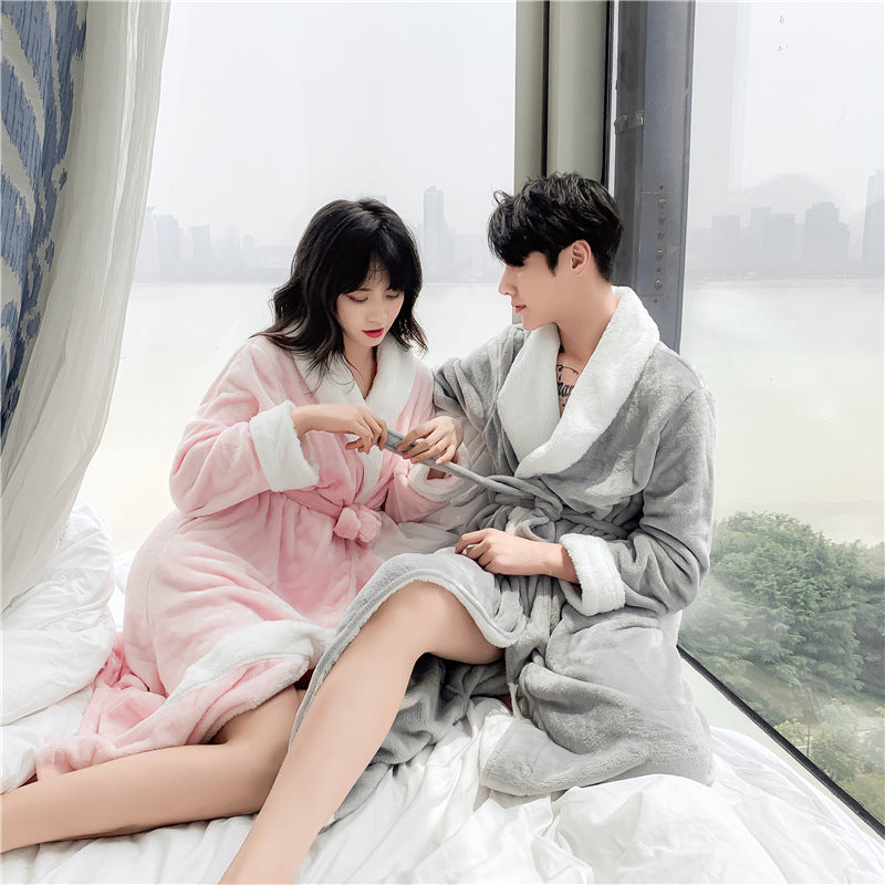 Autumn And Winter Large Size Lengthened Nightgown Women's Thickened Flannel Couple Pajamas Coral Fleece Wedding Morning Gowns Men's Homewear