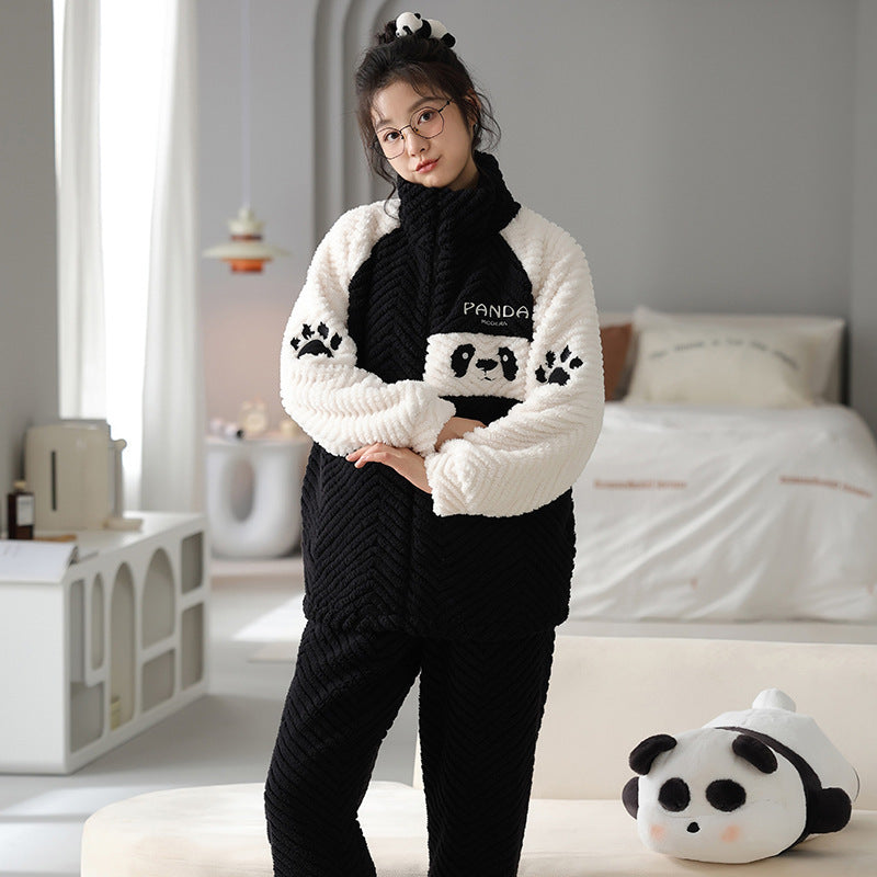 Panda Couple Pajamas Winter Flannel Thickened Men's Casual Stand Collar Warm Girl Slim Fit Homewear