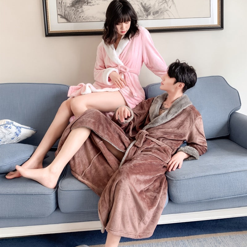 Autumn And Winter Large Size Lengthened Nightgown Women's Thickened Flannel Couple Pajamas Coral Fleece Wedding Morning Gowns Men's Homewear