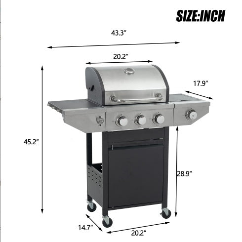 Propane Grill 3 Burner Barbecue Grill Stainless Steel Gas Grill With Side Burner, 37,000 BTU Outdoor Cooking, Patio, Garden Barbecue Grill, Black And Silver