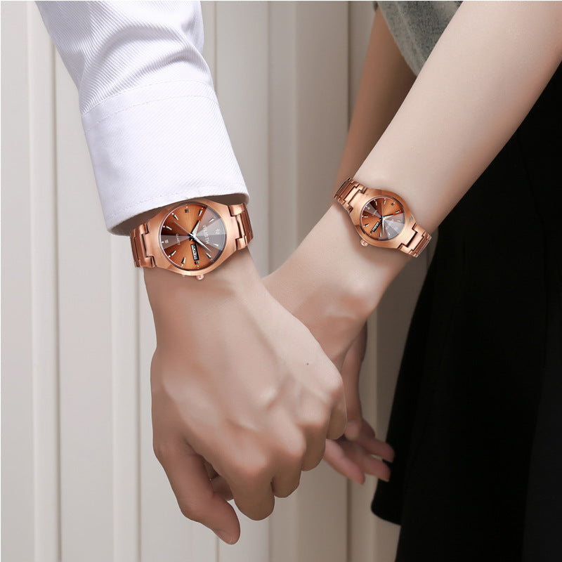 Coffee Gold Luminous Waterproof Steel Band Couple Watches: Elegant &amp; Functional