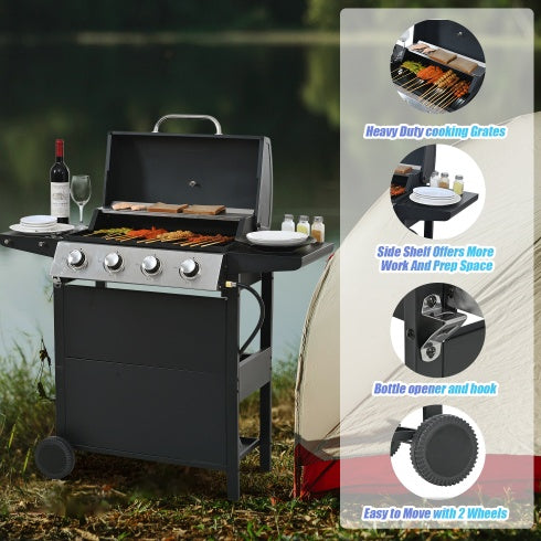 Propane Gas Grill 4 Burner Barbecue Grill, Stainless Steel 34,000 BTU Patio Garden Barbecue Grill With Two Shelves, Lid, Wheels And Bottle Opener