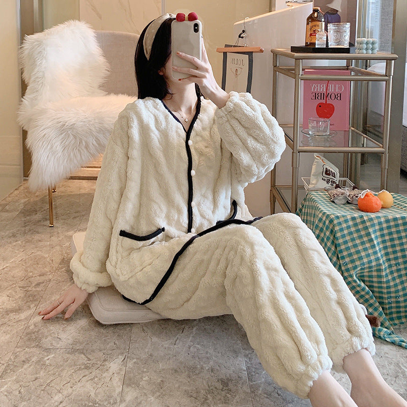 Coral Fleece Pajamas Women Thickened Warmth Sweet Flannel Home Service Two-piece Suit