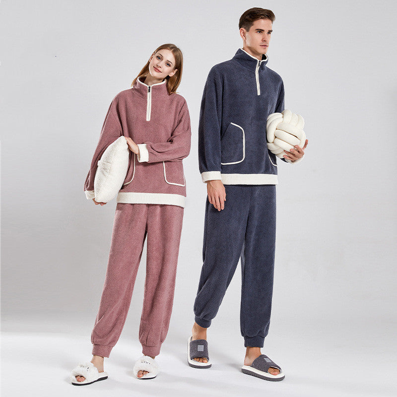 Fashionable Simple Waxberry Velvet Warm Outerwear Couple Pajamas