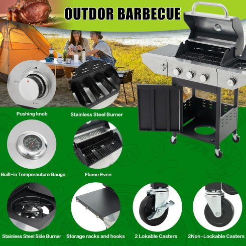 Propane Grill 3 Burner Barbecue Grill Stainless Steel Gas Grill With Side Burner, 37,000 BTU Outdoor Cooking, Patio, Garden Barbecue Grill, Black And Silver