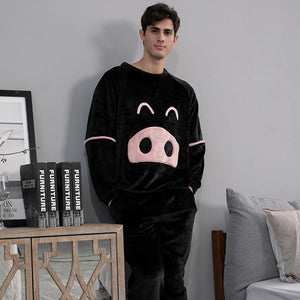 Flannel Couple Pajamas Cartoon Round Neck Pullover