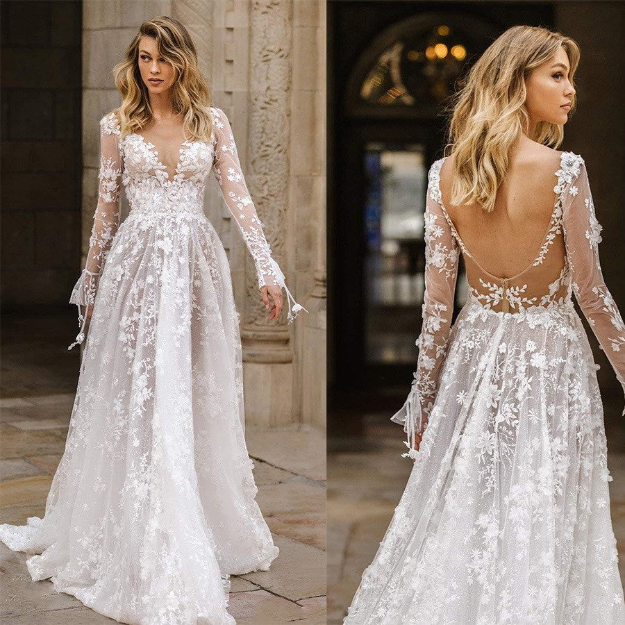 Wedding Dress Sexy Lace Long Sleeve Dress Evening Dress