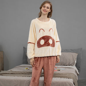 Flannel Couple Pajamas Cartoon Round Neck Pullover