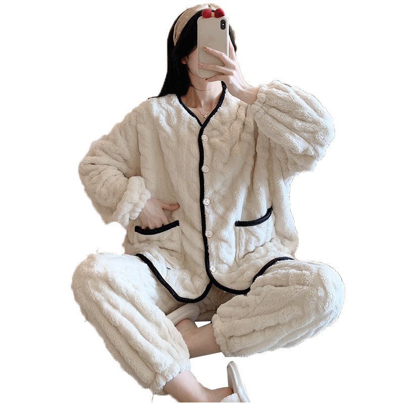 Coral Fleece Pajamas Women Thickened Warmth Sweet Flannel Home Service Two-piece Suit