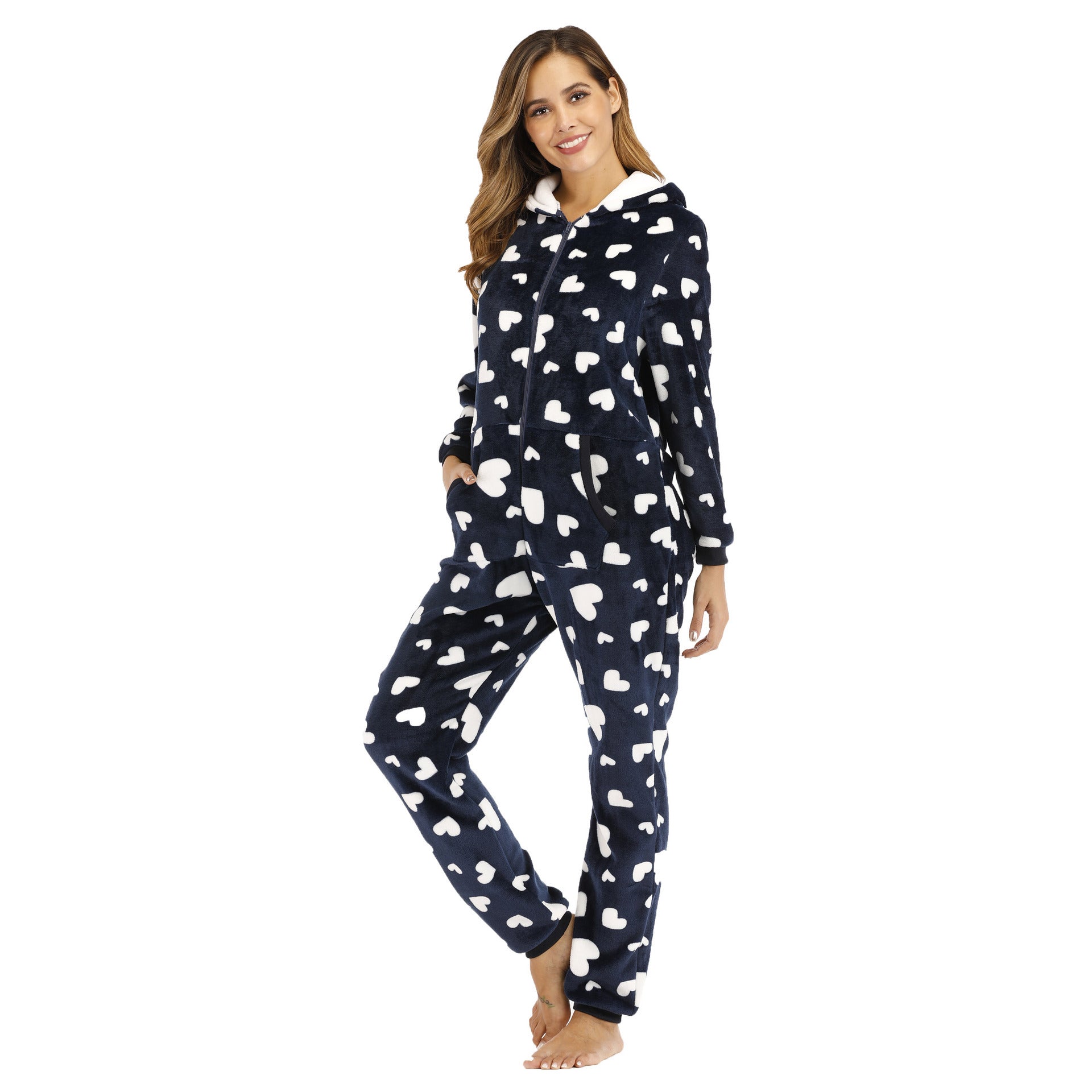 Ladies Heart-shaped Printed Flannel One-piece Homewear Pajamas