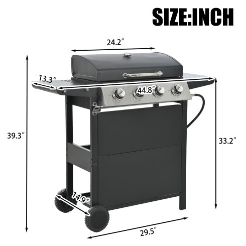 Propane Gas Grill 4 Burner Barbecue Grill, Stainless Steel 34,000 BTU Patio Garden Barbecue Grill With Two Shelves, Lid, Wheels And Bottle Opener