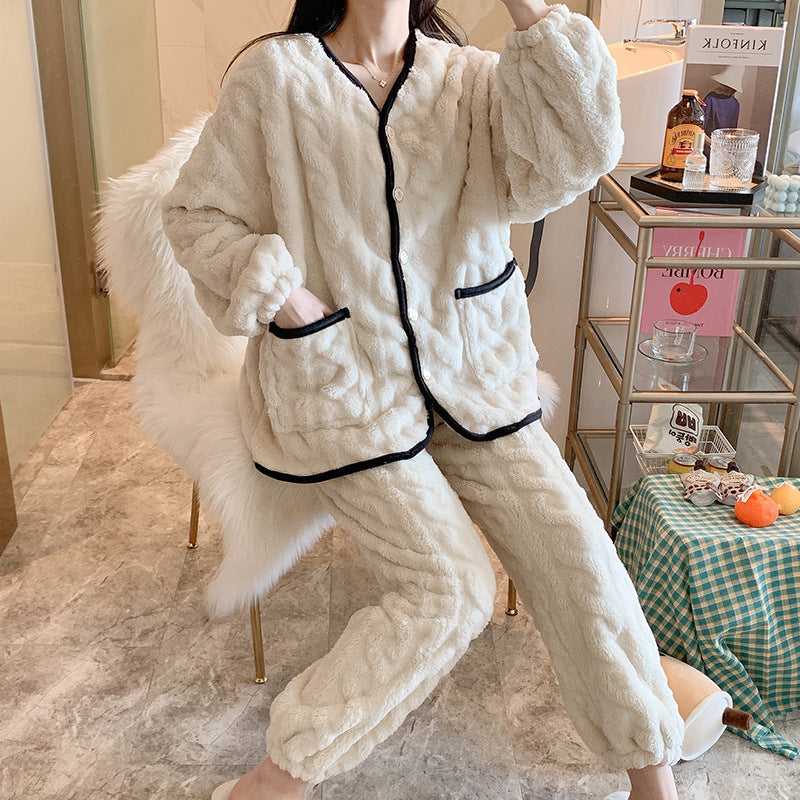 Coral Fleece Pajamas Women Thickened Warmth Sweet Flannel Home Service Two-piece Suit