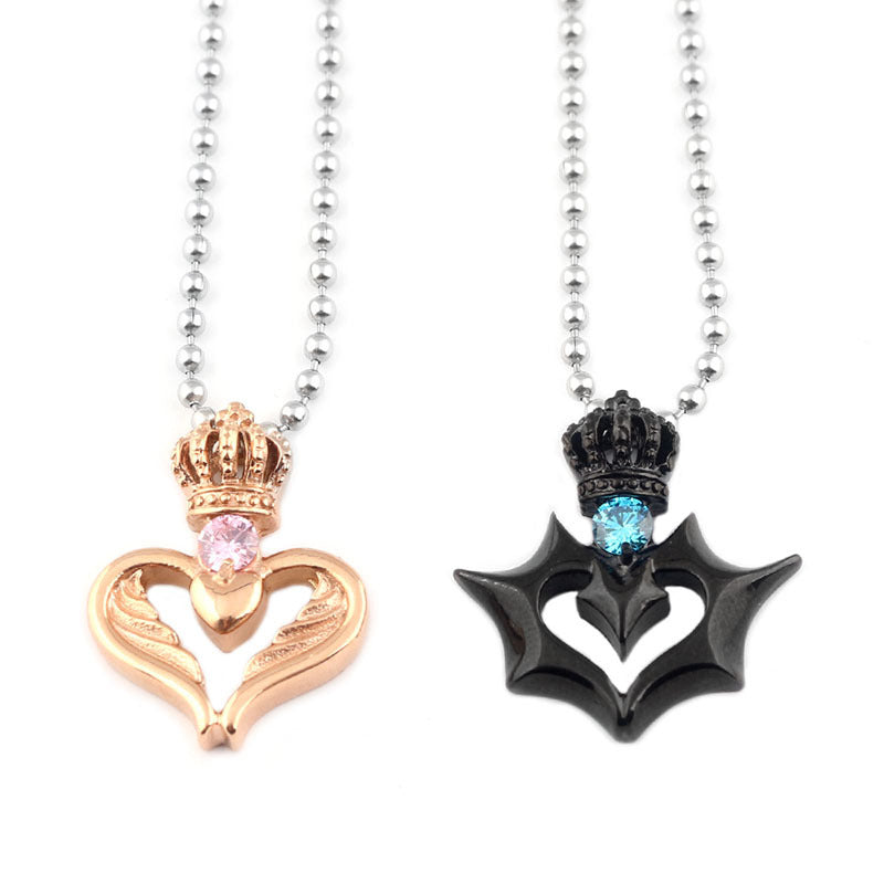 King Couple Necklace Black Rose Gold Heart Crown Heart Matching