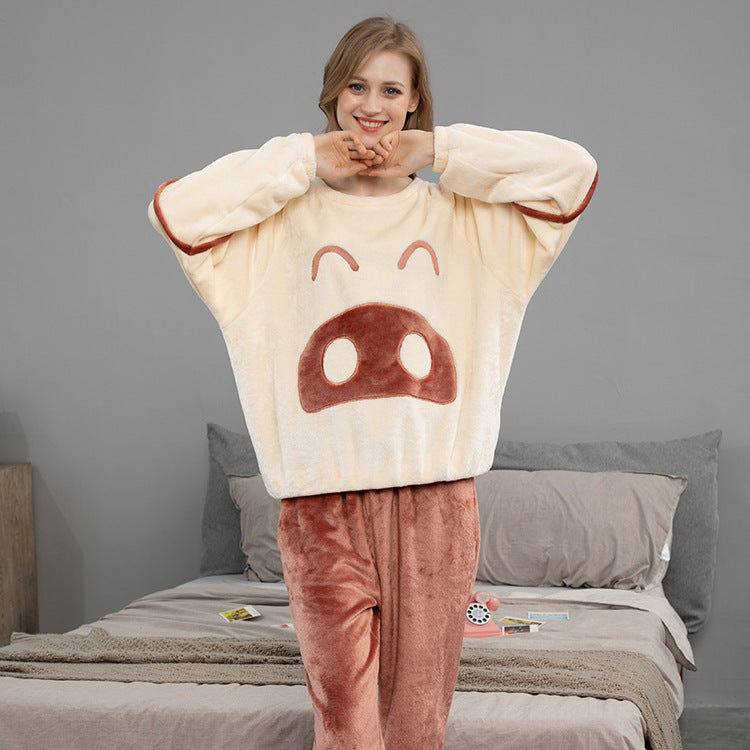 Flannel Couple Pajamas Cartoon Round Neck Pullover